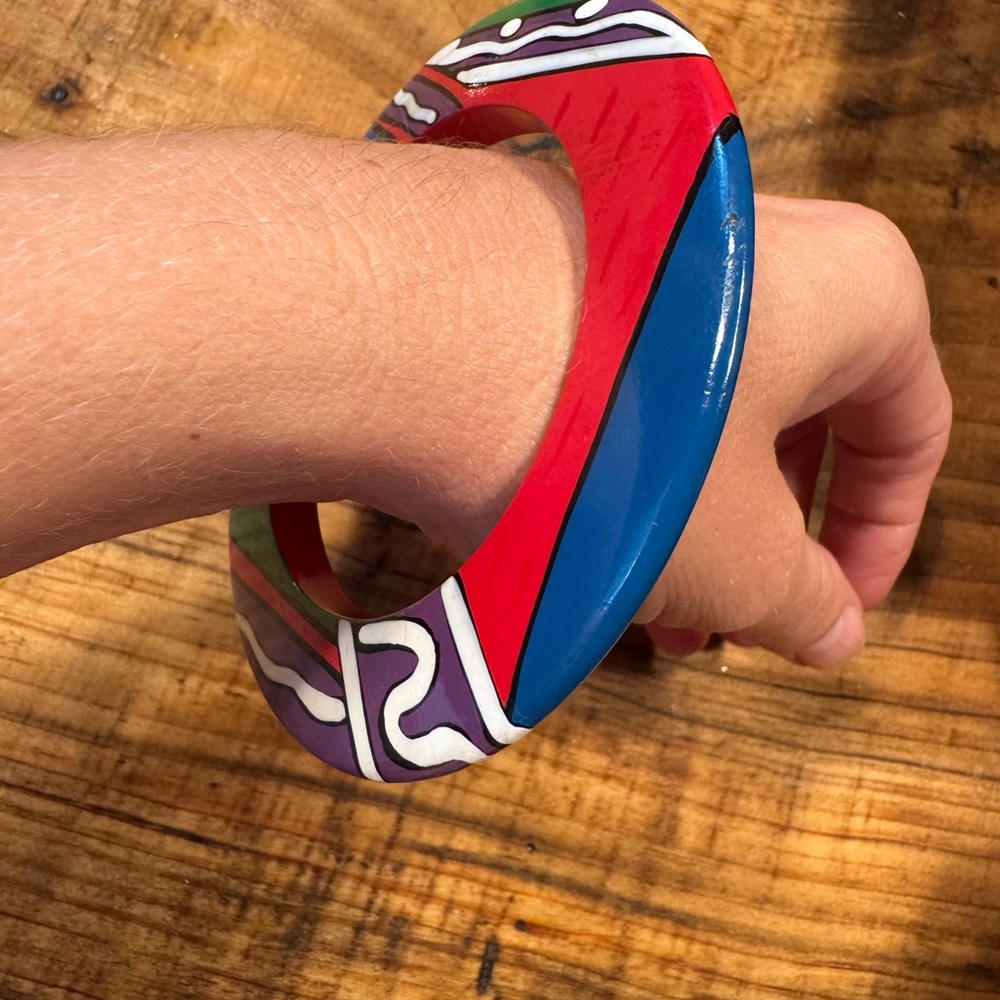 Vintage 80’s Colorful Geometric wood Bangle Bracelet - Red, Blue, Purple